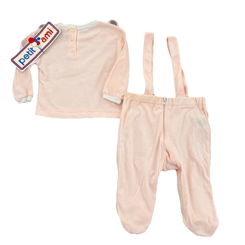 NWT Vintage Petit Ami Baby Girl Outfit 6M Pink Bunny Footed Suspender Set - Picture 3 of 10